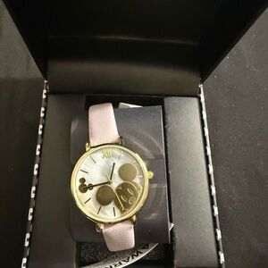 Disney Pink Leather Strap Watch with Gold Mickey Dial